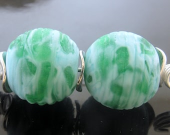 Handmade Lampwork Earring Beads: Silver Aqua Teal Ribbed Round