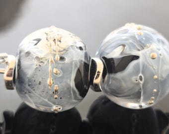 Handmade Lampwork Earring Beads: Black Ivory Shards, Fine Silver Applications