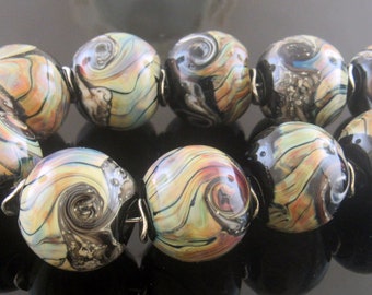 Handmade Black Decorated with Raku Twisty and Silvered Ivory Round Lampwork Beads