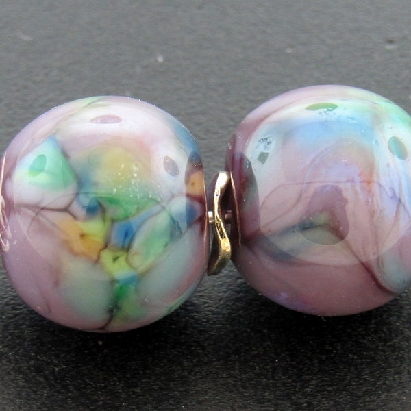 2 Handmade Violet Blue and Green Round Lampwork Earring Beads By All Fired Up Studio