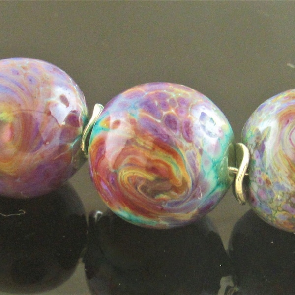 Handmade Copper Green Round Decorated with Raku and Purple Rose Frit an 2 twirls Lampwork Beads set