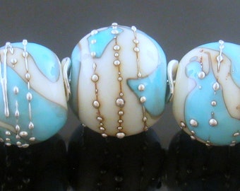 Made To Order (MTO) –Handmade Light Turquoise with Splashes of Ivory decorated with Fine Silver Trail Round Lampwork Beads