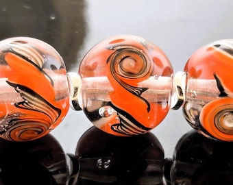 Handmade Lampwork Beads Set: Clear with a orange black and Dichro Twisty and 2 twirls