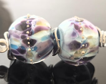 Handmade Organic Blue rolled in Multi-Colored Frit Encased with Fine Silver Wrap Round Lampwork Beads