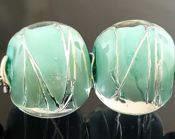 Made To Order (MTO) –Handmade Silver Celadon wrapped in Fine Silver Wire encased Lampwork round Earring Beads