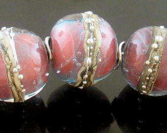 MTO--Handmade Copper Red Green Encased with Silvered Ivory and Fine Silver Round Lampwork Beads