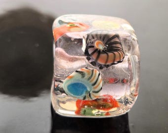Handmade Organic Silver Flower Murini Encased Square Focal Lampwork Bead