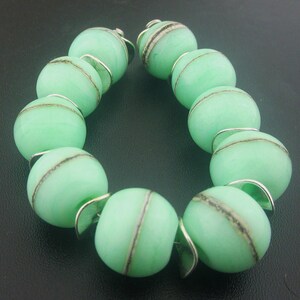 Made To Order (MTO) –Handmade  Mint Green Decorated with Silvered Ivory Stringer Round Etched to Matte Finish Lampwork Beads
