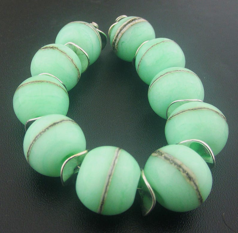 Made To Order (MTO) –Handmade  Mint Green Decorated with Silvered Ivory Stringer Round Etched to Matte Finish Lampwork Beads