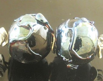 Made To Order (MTO) –Handmade Black rounds wrapped in Silver Blue Shards Round Lampwork Earring Bead Pairs