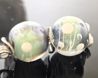 Handmade Lampwork Earring Beads: Striking Silver Moss Green and Purple Ribbed Encased with White Detail