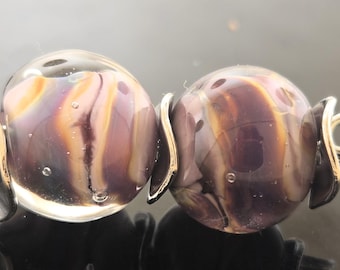 Handmade Silver Violet with Raku Spiral Encased Lampwork Round Bead Pair