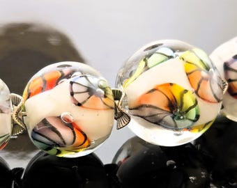 Handmade Lampwork Beads Set: White Decorated with Rainbow Murini encased big round Set