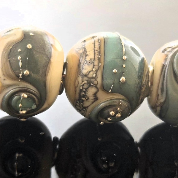 Handmade Lampwork Beads Set: Ivory, Copper, Silver Twirls  (MTO)