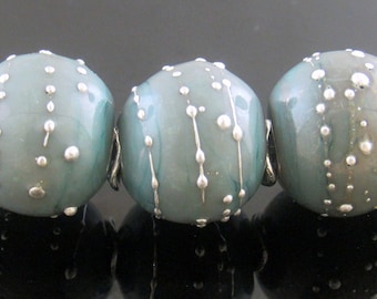 MTO--Handmade Organic Turquoise Grey  with Fine Silver Trail Round Lampwork Beads