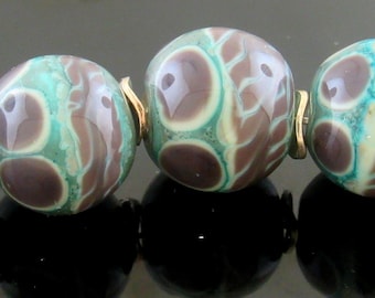 Handmade Copper Green decorated Cocoa Brown and Ivory Round Lampwork Beads