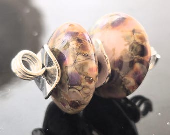Handmade Lampwork Beads Set: Silver Pink wrapped in Fine Silver Foil rolled in Multi Colored Frit Disk Earring Pair