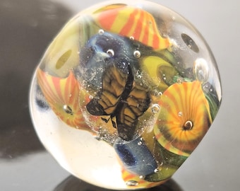 Handmade Organic Silver Flower and Butterfly Murini Encased Round Focal Lampwork Bead
