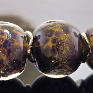 Handmade Opal Yellow with Silver Violet Frit  Encased Round Lampwork Beads Set