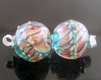 Made To Order (MTO) –Handmade Organic Teal with Raku Twisty Encased Round with Silver Trail Lampwork Bead Pair