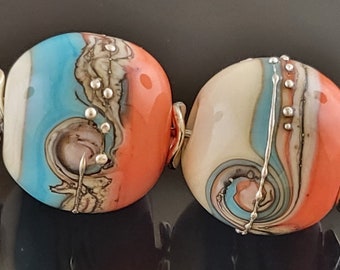 Made To Order (MTO) –Handmade Sunny Apricot and Ivory with Turquoise and silvered ivory twisted round lampwork bead earring pair