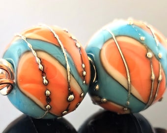 Made To Order (MTO) –Handmade Turquoise Ivory and Apricot Orange wrapped in Fine Silver Wire encased Lampwork round Earring Beads