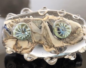 Handmade Copper Green Decorated with Spiral of Silvered Ivory Encased with Silver Murini clear capped Long Flat Focal Lampwork Bead