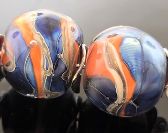 Handmade Apricot Decorated with Silvered Ivory and Silver Blue decorated Encased lampwork Bead pair