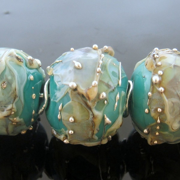 Handmade Turquoise Green Lampwork Beads Silvered Ivory Fine Silver Trail