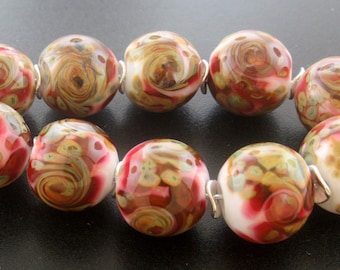 Made To Order (MTO)—Handmade White Rounds with Fuschia and Raku Twisted Frit Lampwork Beads