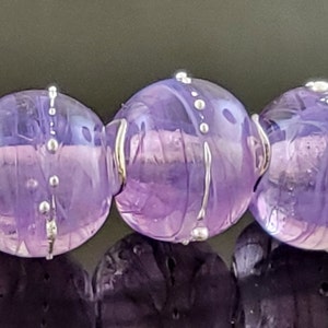 Made To Order (MTO) –Handmade Veiled Lavender Decorated with Fine Silver Dots Rounds Lampwork Beads Set