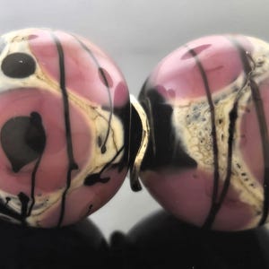 Made To Order (MTO) –Handmade Black Decorated  with Silvered Ivory Shards and Purple RoseDots and Black Detail Lampwork Earring Bead Pair