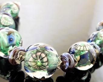 Handmade Silver Green, Blue with Flowers and Butterfly Murini Lampwork Beads with Spacers
