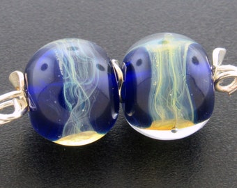 Made To Order (MTO)—Handmade Cobalt Blue and Silver Stringer Encased Round Lampwork Earring Bead Pair