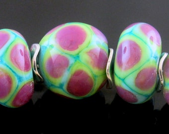 Handmade Lampwork Bead Set: Turquoise, Pea Green & Purple Rose Dots