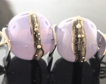 Handmade Opal Lilac Lampwork Rounds Decorated with  Silvered Ivory and Fine Silver Detail Beads