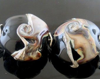 Made To Order (MTO)—Handmade Black with Raku Shards and Silvered Ivory with Twists Lentil Lampwork Beads
