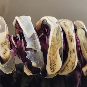 Made To Order (MTO) –Handmade Veiled Violet Silver Glass decorated with Silvered Ivory Shards Disk Lampwork Beads