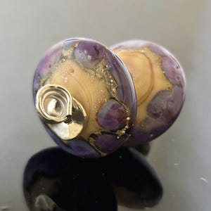 Made To Order (MTO) –Handmade  Opal Yellow rolled in Purple Rose Frit Lampwork Earring Disk Bead Pair