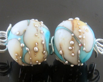 Handmade Light Turquoise with Ivory Splashes Decorated with Fine Silver trail Rounds Pair Lampwork Beads