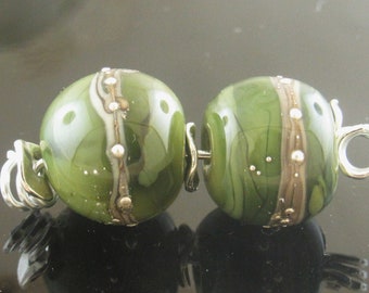 Handmade Silver Olive Green Decorated with Silvered Ivory And Fine Silver Trail Round Lampwork Earring Beads