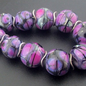 Made To Order(MTO) –Handmade Violet Rounds Decorated with Marbled Shards and Purple Rose Dots Lampwork Beads