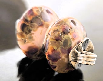 Handmade Lampwork Beads Set: Silver Pink wrapped in Fine Silver Foil rolled in Multi Colored Frit Disk Earring Pair