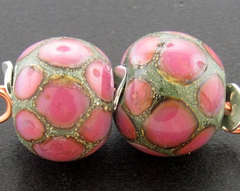 Made To Order (MTO) --Handmade Copper Green Decorated with Dots of Purple Rose Rounds Lampwork Earring Bead Pairs