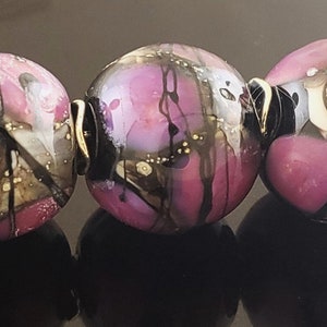 Made To Order (MTO) –Handmade Black wrapped in Silvered  Ivory Shards with Purple Rose Dots Round Lampwork Beads Set