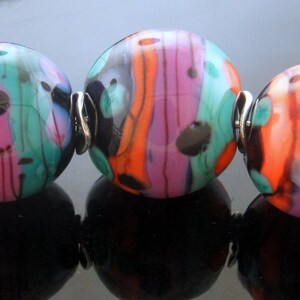Handmade Lampwork Bead Set: Purple Rose, Turquoise, Coral, Black Detail (MTO)