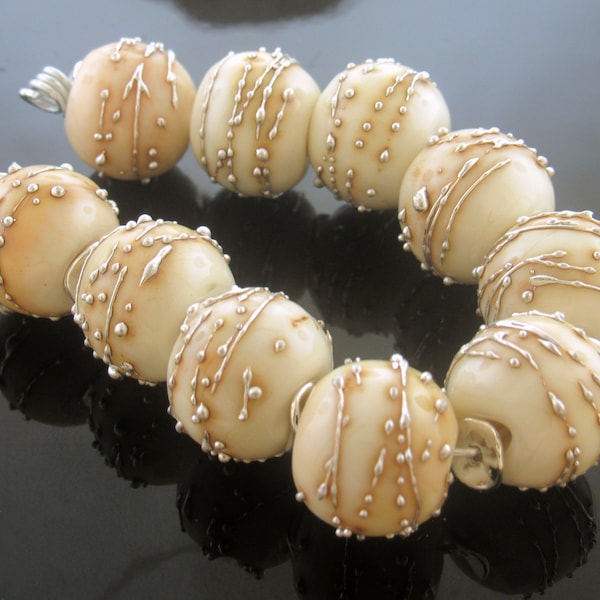 Made To Order MTO Handmade Ivory Lampwork Beads Loads of Fine Silver Round