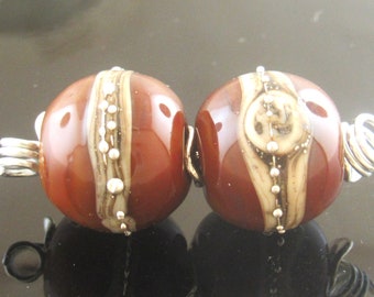 Handmade Silver Brown Decorated with Silvered Ivory And Fine Silver Trail Round Lampwork Earring Beads