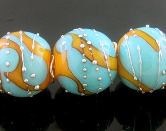MTO--Handmade Yellow with a Splashes of Light Turquoise decorated with Fine Silver Round Lampwork Beads