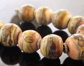 Handmade Raku Lampwork Beads: Neutral Drizzled Round Beads